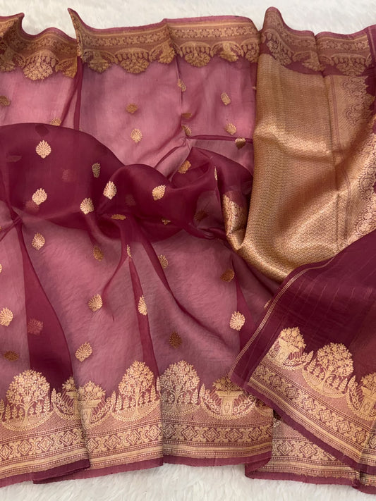 Handloom Banarasi Pure Organza Kora Silk Saree – Maroon with Golden Zari Kadwa Motifs & Scalloped Border