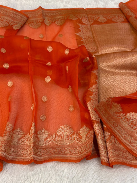 Handloom Banarasi Pure Organza Kora Silk Saree – Rust Orange with Golden Zari Kadwa Motifs & Scalloped Border