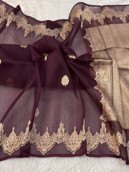 Handloom Banarasi Pure Organza Kora Silk Saree – Dark Chocolate / Eggplant Purple with Golden Zari Kadwa Motifs & Scalloped Border