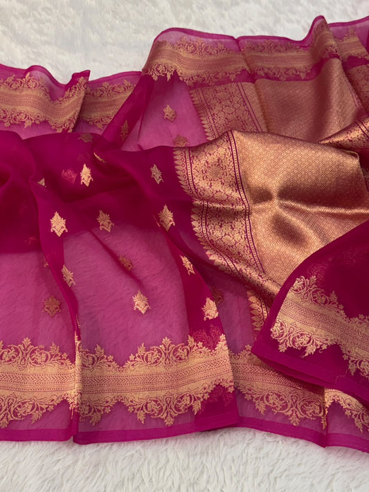 Handloom Banarasi Pure Organza Kora Silk Saree – Magenta Pink with Golden Zari Kadwa Motifs & Scalloped Border