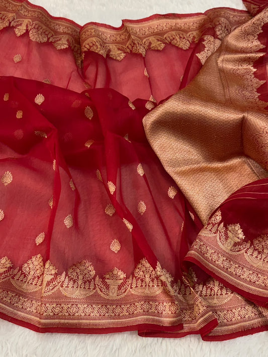 Handloom Banarasi Pure Organza Kora Silk Saree – Crimson Red with Golden Zari Kadwa Motifs & Scalloped Border