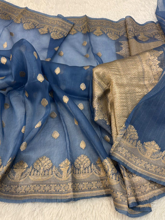 Handloom Banarasi Pure Organza Kora Silk Saree – Steel Blue with Golden Zari Kadwa Motifs & Scalloped Border