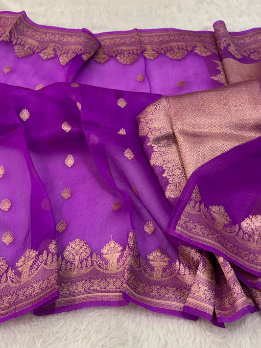 Handloom Banarasi Pure Organza Kora Silk Saree – Royal Purple with Golden Zari Kadwa Motifs & Scalloped Border