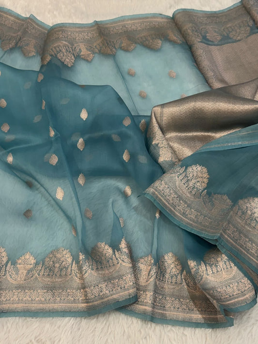 Handloom Banarasi Pure Organza Kora Silk Saree – Sea Green Teal with Golden Zari Kadwa Motifs & Scalloped Border