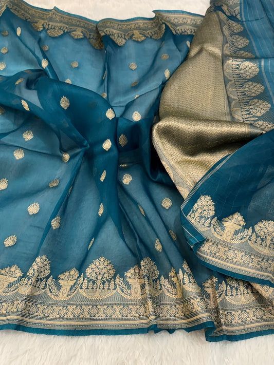 Handloom Banarasi Pure Organza Kora Silk Saree – Peacock Teal Blue with Golden Zari Kadwa Motifs & Scalloped Border