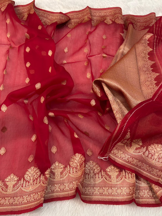 Handloom Banarasi Pure Organza Kora Silk Saree – Vermillion Red / Cherry Red with Golden Zari Kadwa Motifs & Scalloped Border