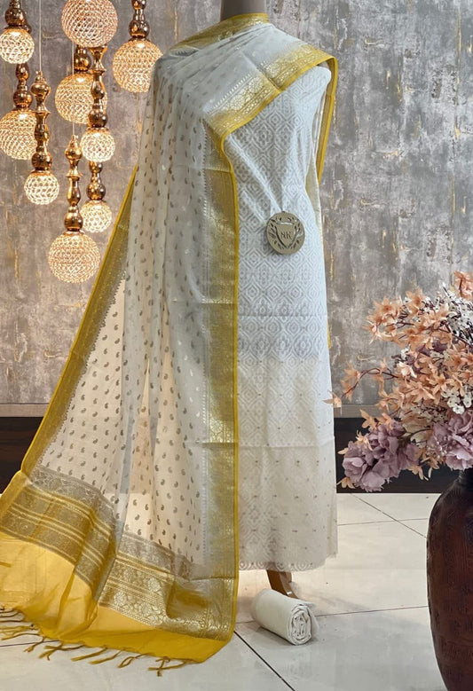 Exclusive Banarasi Mercerised Unstitched Salwar kameez – Off-White & yellow border Resham Weaving with Golden Lurex Dupatta