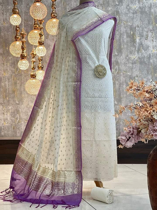Exclusive Banarasi Mercerised Unstitched Salwar Kameez – White & Purple Border Resham Weaving with Lurex Dupatta