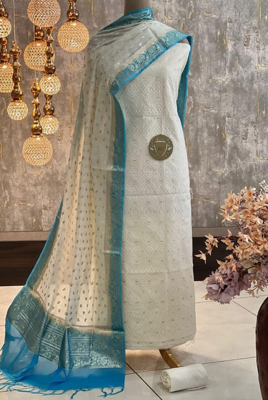 Exclusive Banarasi Mercerised Unstitched Salwar kameez– Off-White & Sky Blue Border Resham Weaving with Lurex Dupatta