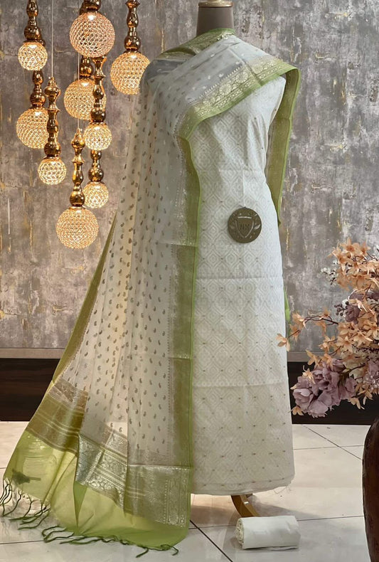 Exclusive Banarasi Mercerised Unstitched Salwar Kameez– Off-White & Olive Green Border Resham Weaving with Lurex Dupatta