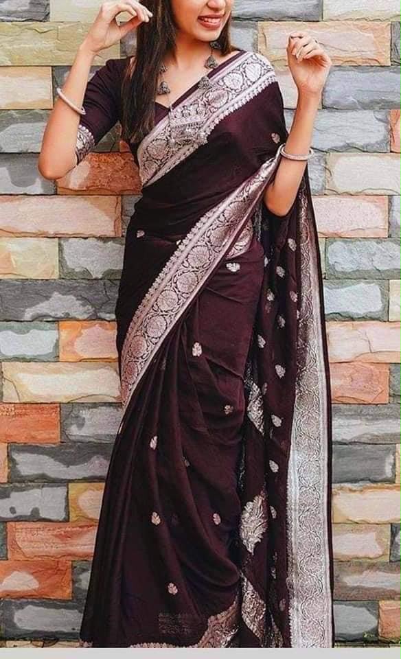 Banarasi Handloom Pure Khaddi Chiffon Saree –Dark Brown with Silver Zari Motifs & Intricate Floral Border