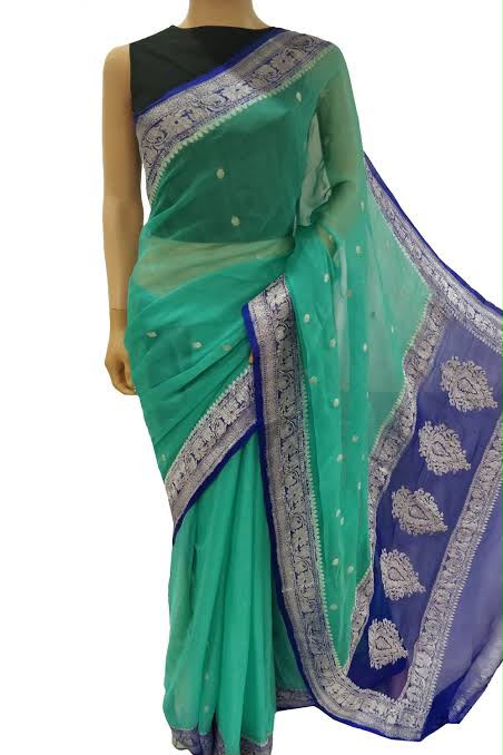 Handloom Banarasi Pure Khaddi Chiffon Saree – Sea Green & Royal Blue Contrast with Silver Zari Weave