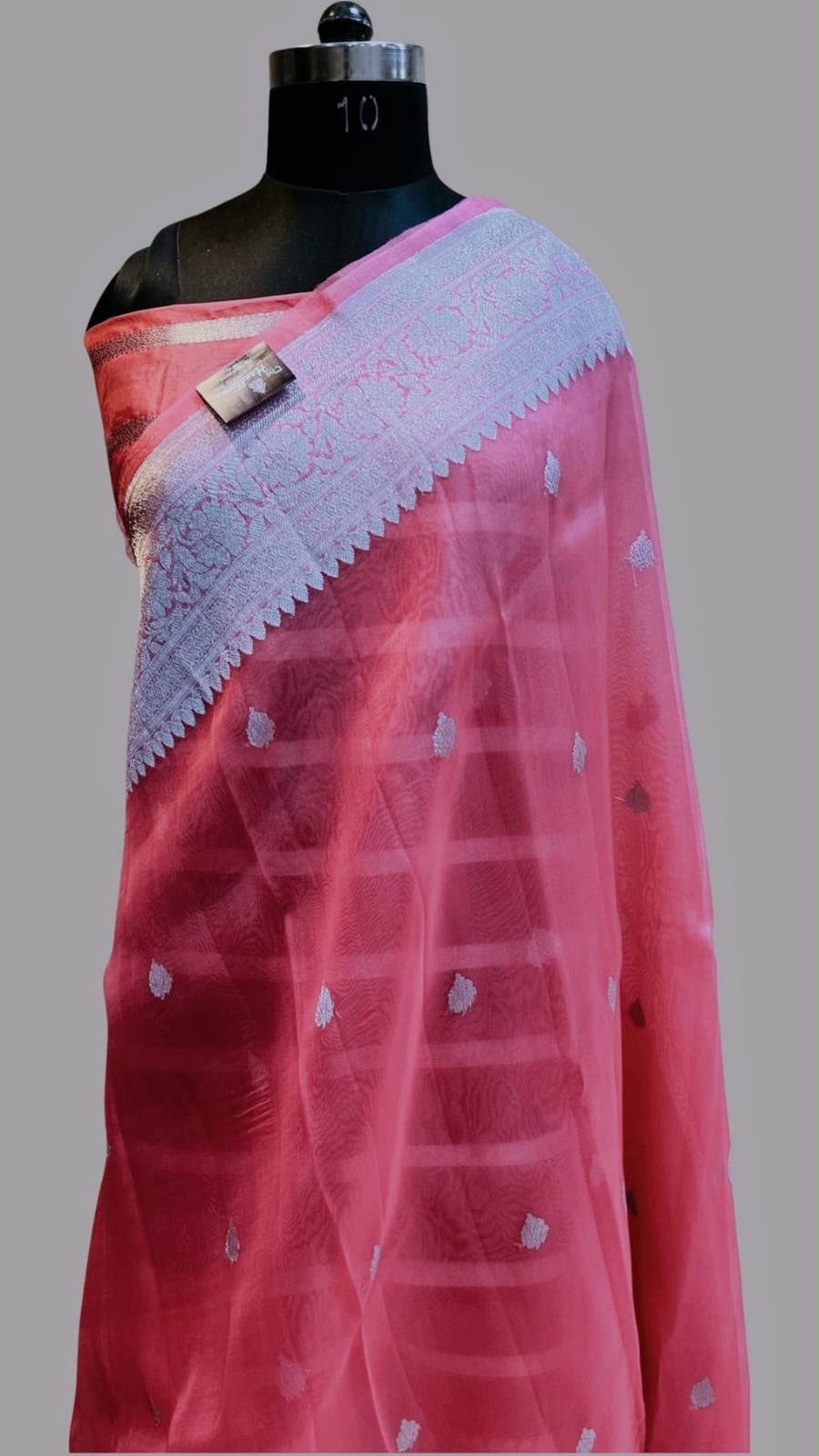 Handloom Banarasi Pure Khaddi Chiffon Saree – Blush Pink with Subtle Striped Pattern & Silver Zari Motifs
