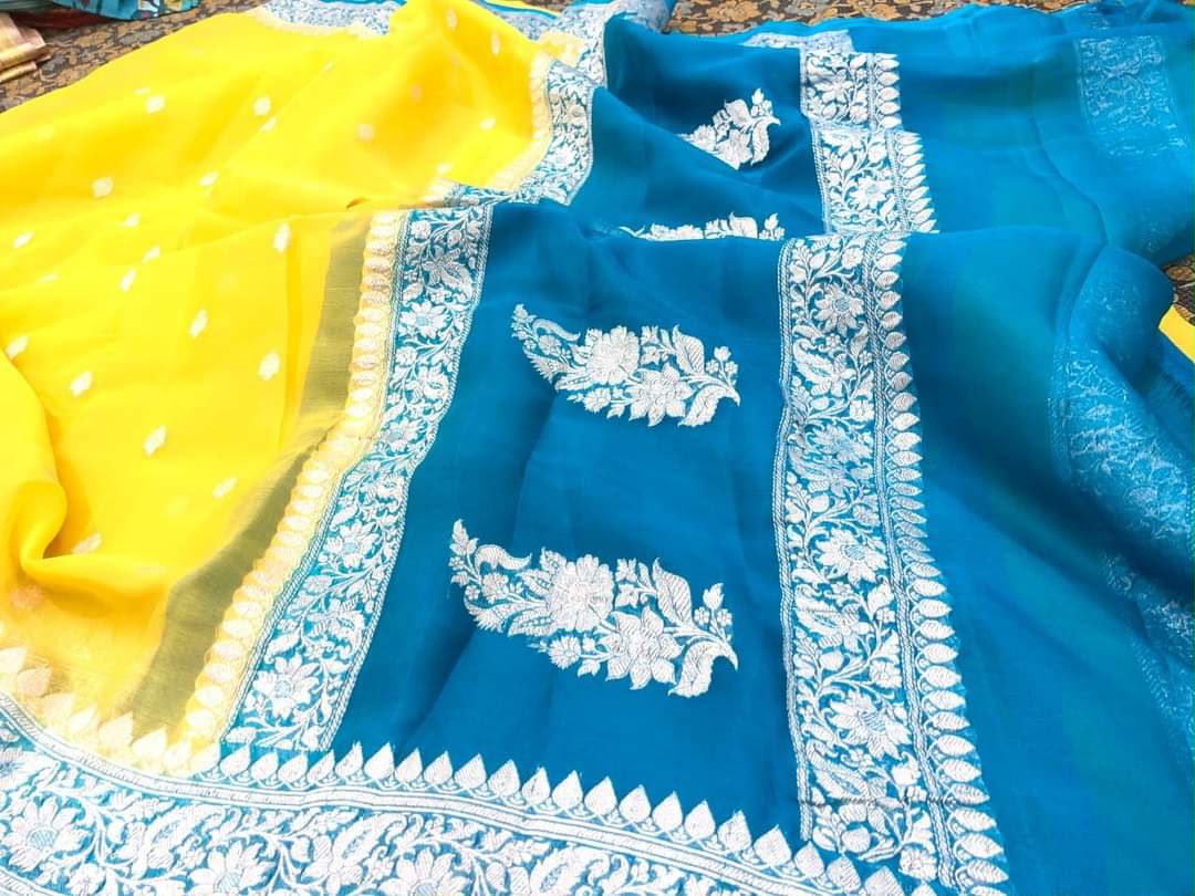 Handloom Banarasi Pure Khaddi Chiffon Saree – Bright Yellow & Turquoise Blue Contrast with Silver Zari Border