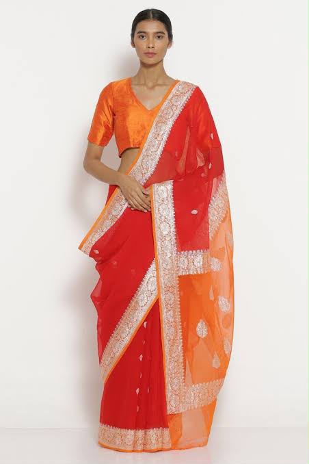 Handloom Banarasi Pure Khaddi Chiffon Saree – Bright Coral Red & Orange Contrast with Silver Zari Border