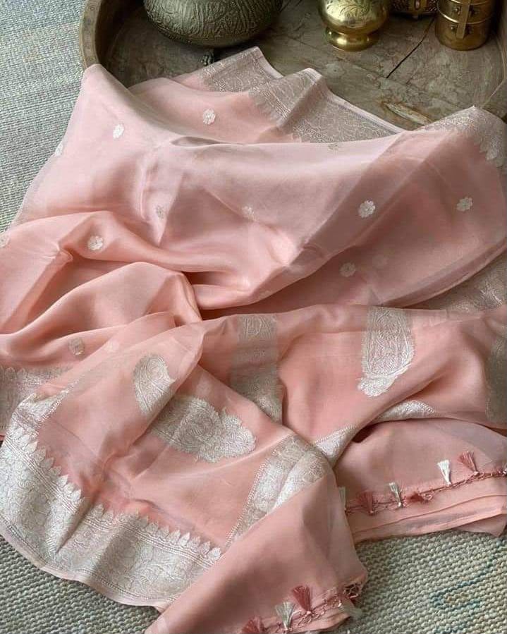 Handloom Banarasi Pure Khaddi Chiffon Saree – Powder Peach Pink with Silver Zari Paisley Motifs & Border