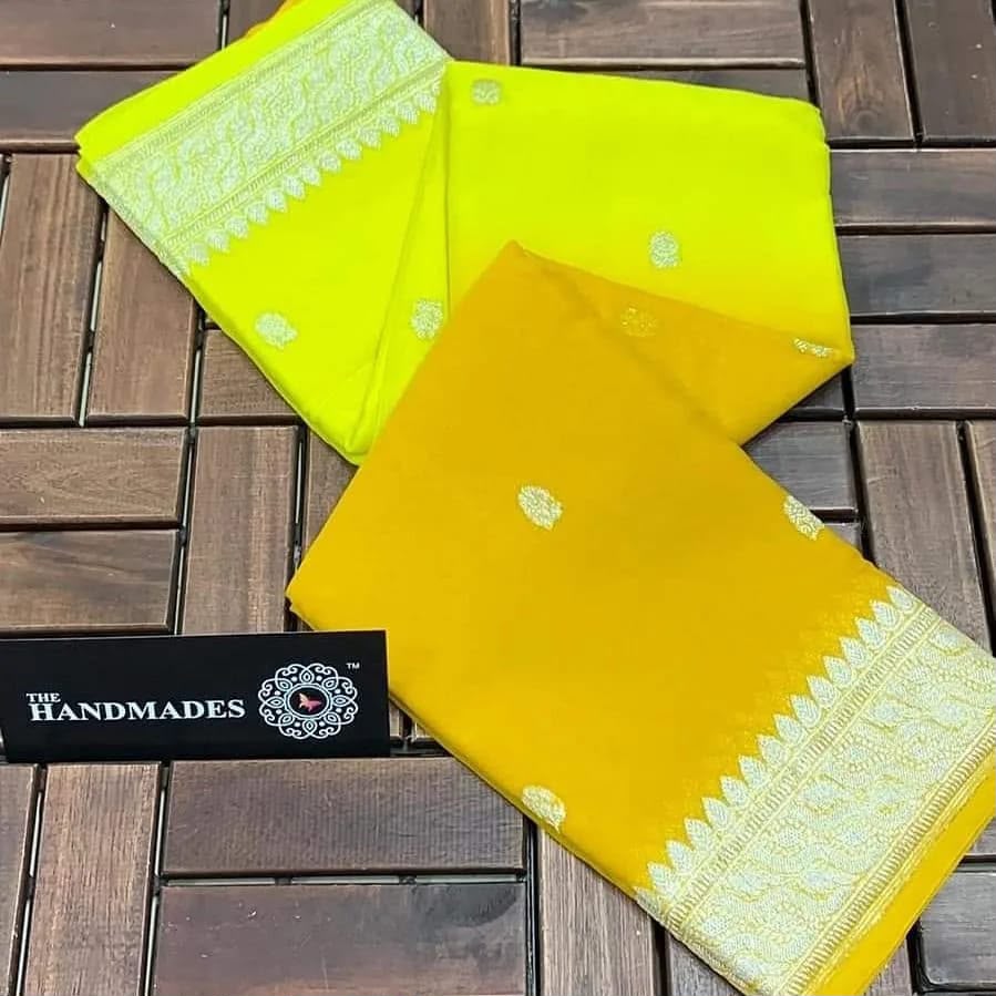 Handloom Banarasi Pure Khaddi Chiffon Saree – Bright Yellow & Yellow with Silver Zari Weave Border