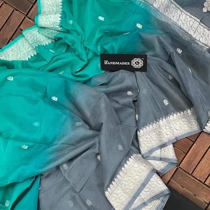 Handloom Banarasi Pure Khaddi Chiffon Saree – Sea Green & Charcoal Grey with Silver Zari Border
