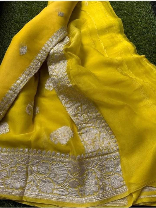 Handloom Banarasi Pure Khaddi Chiffon Saree – Mustard Yellow with Contrast Rani Pink Border & Silver Zari Weave