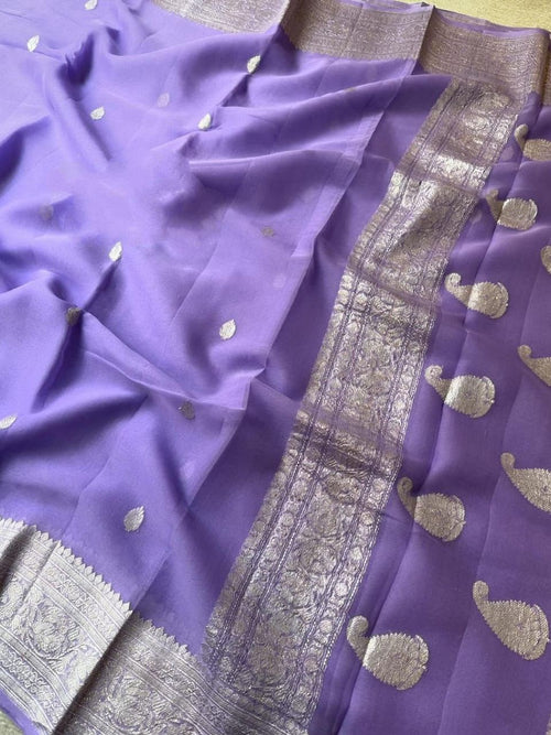 Handloom Banarasi Pure Khaddi Chiffon Saree – Pastel Lavender / Lilac with Silver Zari Paisley Motifs