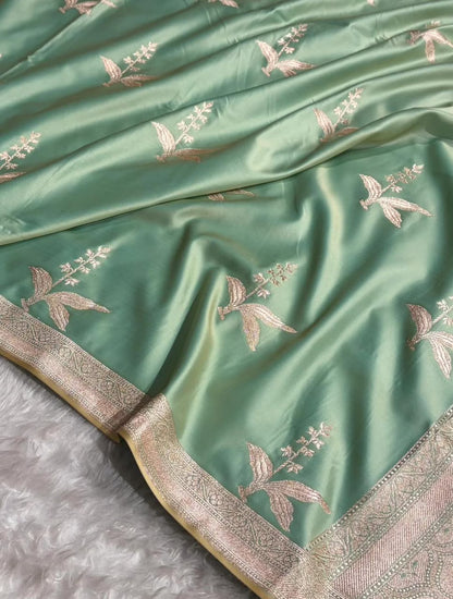 Traditional Banarasi Sea Green Mashru Katan Silk Saree Zari Border
