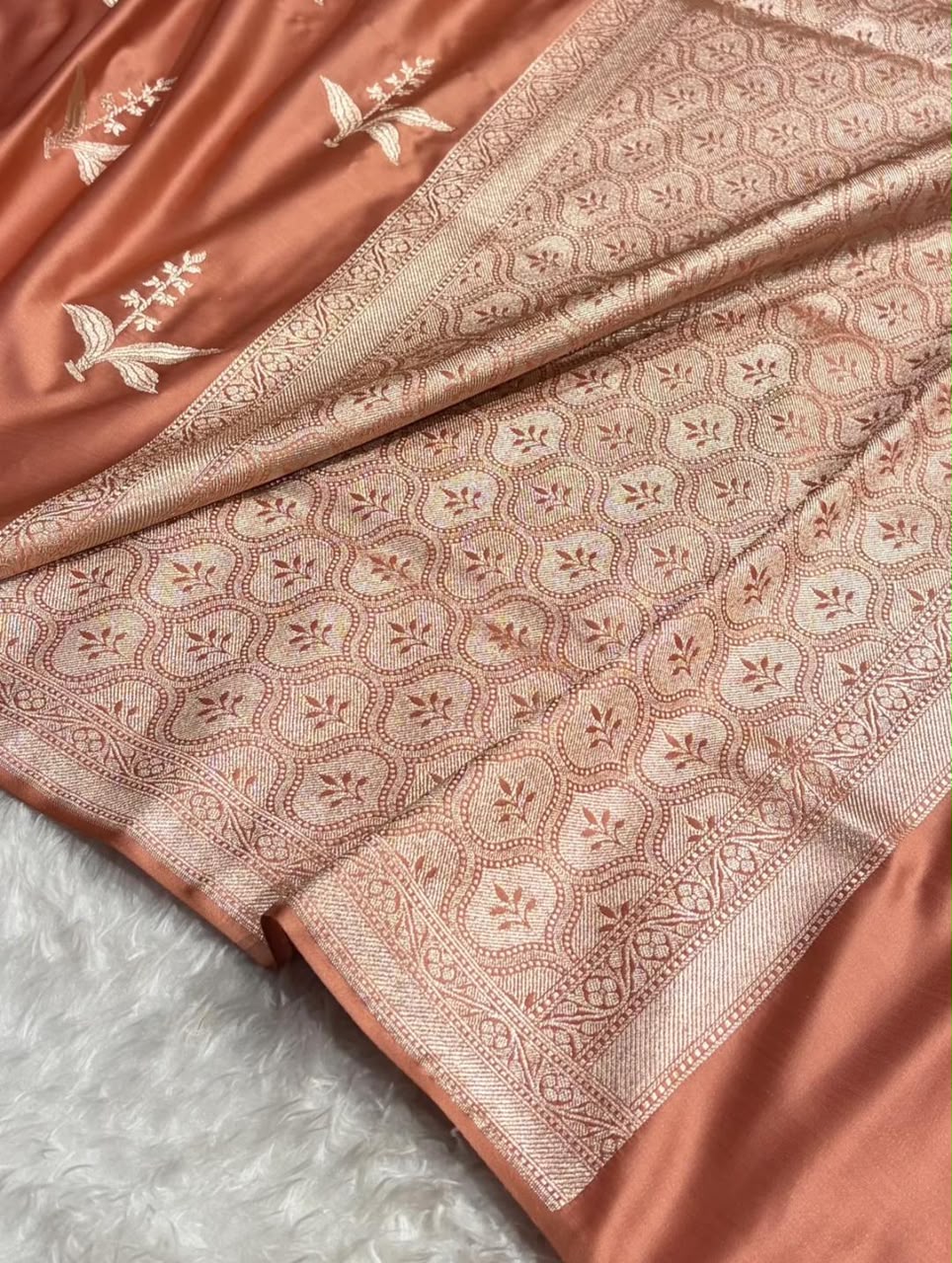 Traditional Banarasi Rust Copper Mashru Katan Silk Banarasi Saree with Floral Buti Motifs Border