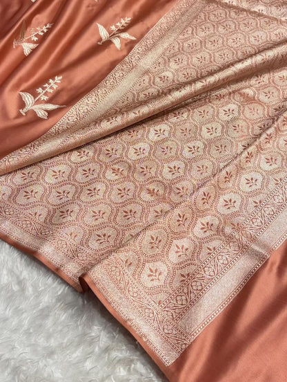Traditional Banarasi Rust Copper Mashru Katan Silk Banarasi Saree with Floral Buti Motifs Border