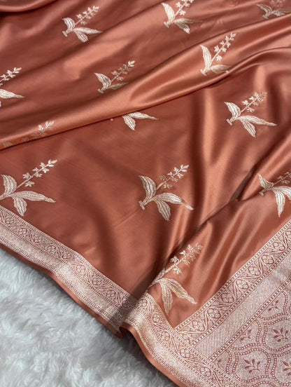 Traditional Banarasi Rust Copper Mashru Katan Silk Banarasi Saree with Floral Buti Motifs Border
