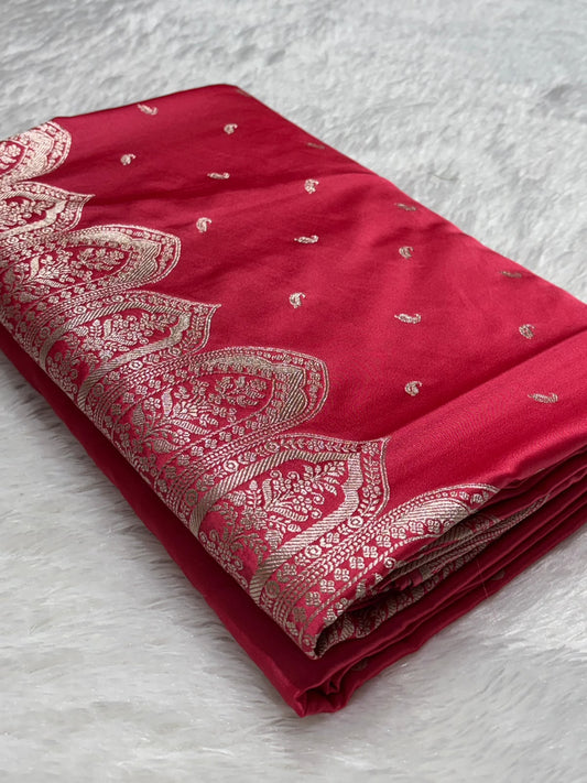 Traditional Banarasi Exclusive Premium MASHRU Silk Saree in Wine Red | All-Over Buti Pattern | Rich Banarasi Silver Zari Border