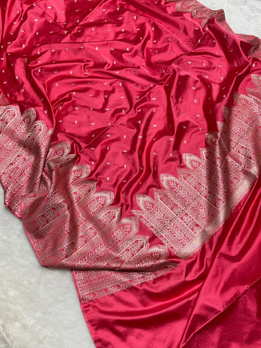 Traditional Banarasi Exclusive Premium Mashru Silk Saree in Rani Pink | All-Over Buti Pattern | Rich Banarasi Silver Zari Border