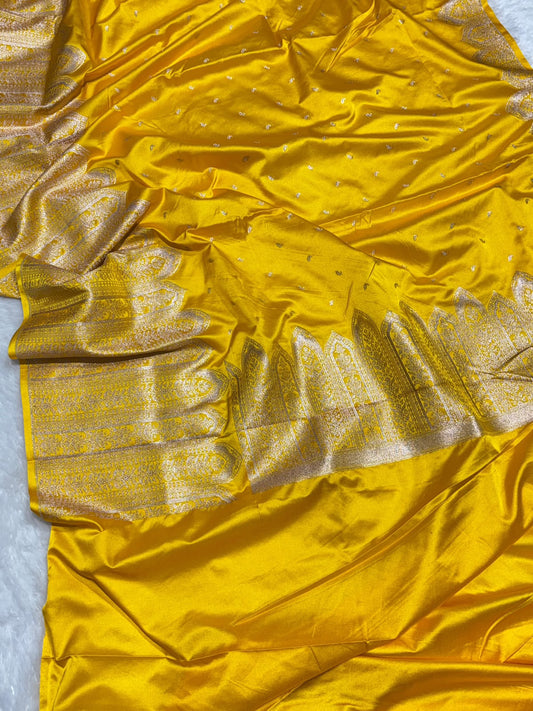 Traditional Banarasi Exclusive Premium Mashru Silk Saree in Mustard Yellow | All-Over Buti Pattern | Rich Banarasi Silver Zari Border