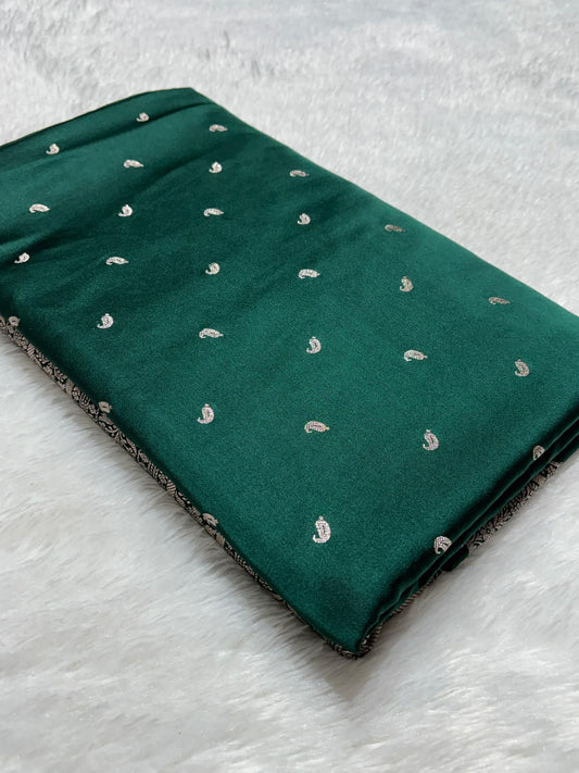 Traditional Banarasi Exclusive Premium Mashru Silk Saree in Bottle Green | All-Over Buti Pattern | Rich Banarasi Silver Zari