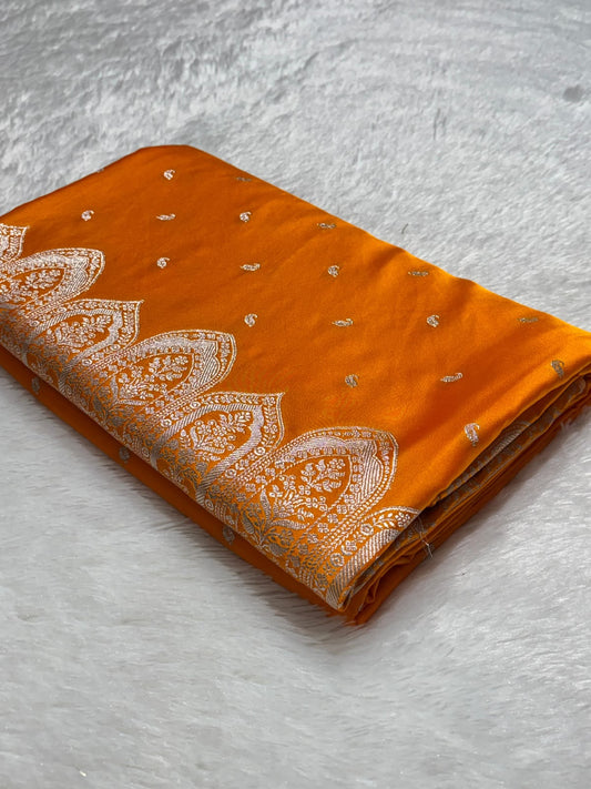 Traditional Banarasi Premium Mashru Silk Saree in Mustard Orange with Buti Pattern & Rich Silver Zari Border