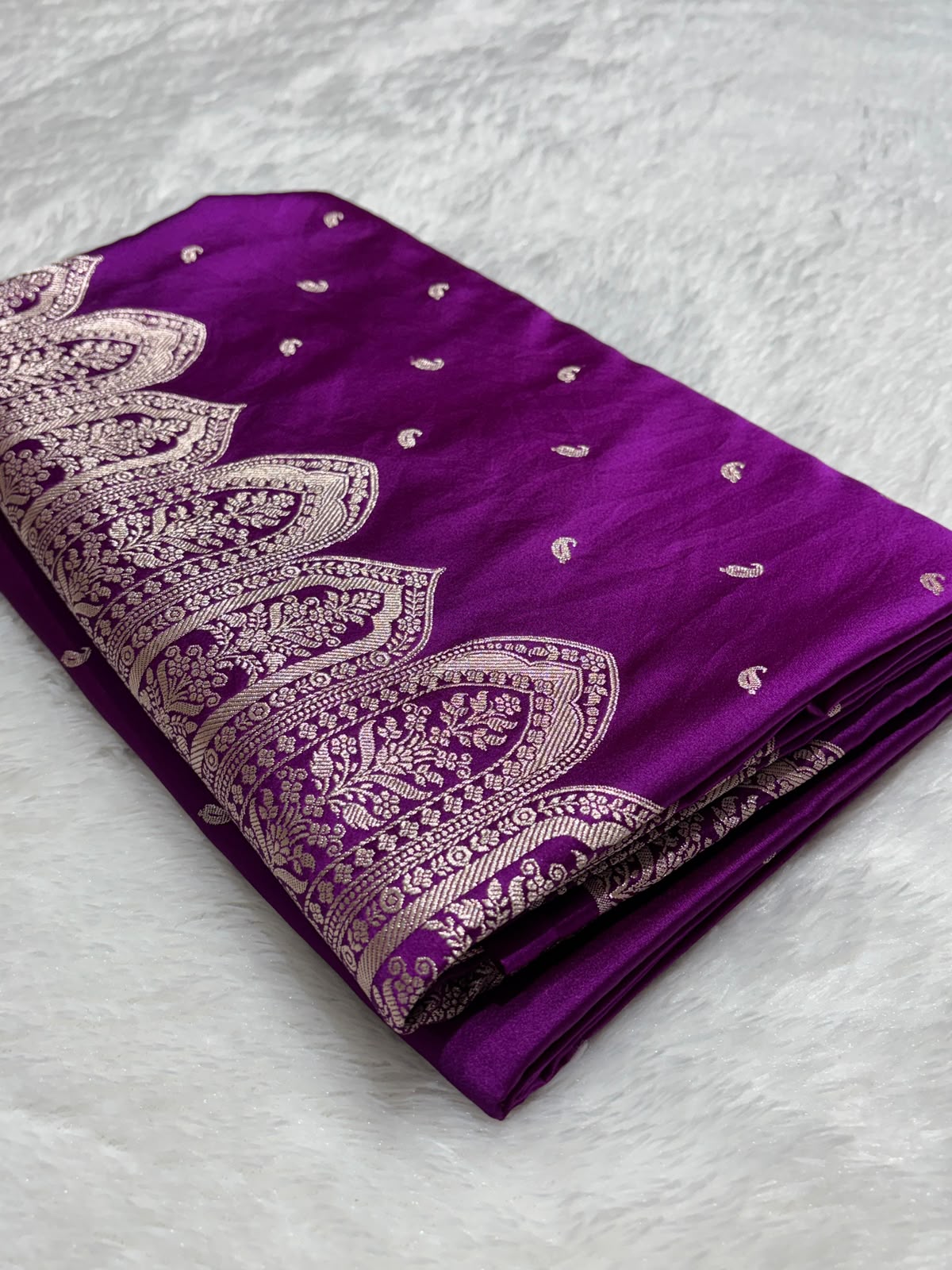 Traditional Banarasi Premium Mashru Silk Saree in Bright Purple with Buti Pattern & Rich Silver Zari Border