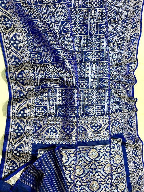 Exclusive Banarasi Cotton Jamdani Silk Weaved Saree – Royal Blue with Silver Zari Motifs