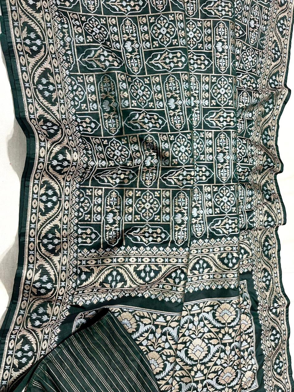 Exclusive Banarasi Cotton Jamdani Silk Weaved Saree – Forest Green with Silver Zari Motifs