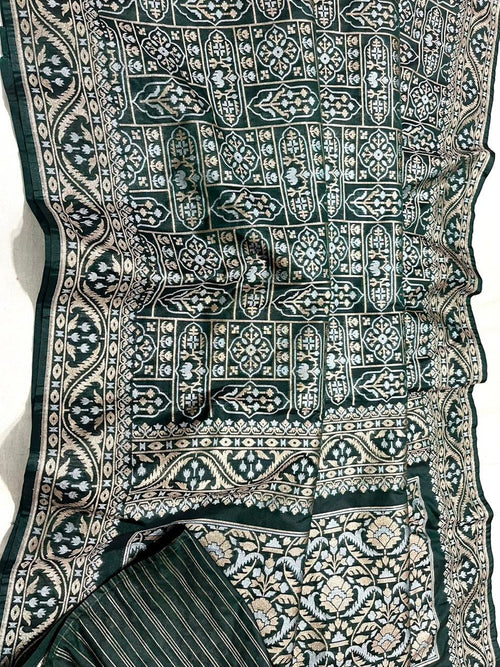 Exclusive Banarasi Cotton Jamdani Silk Weaved Saree – Forest Green with Silver Zari Motifs