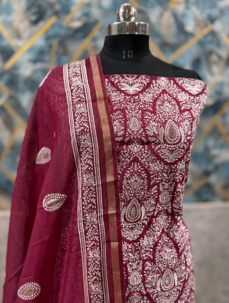 Exclusive Maroon Banarasi Chanderi Silk Unstitched Salwar Kameez Suit with Embroidered Dupatta