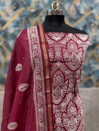 Exclusive Maroon Banarasi Chanderi Silk Unstitched Salwar Kameez Suit with Embroidered Dupatta