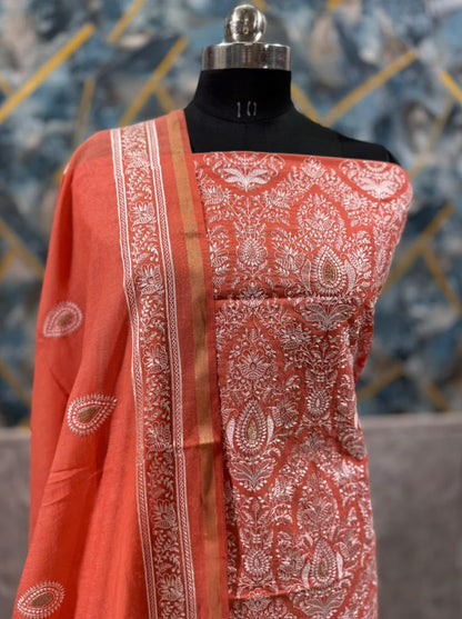 Exclusive Coral Pink Banarasi Chanderi Silk Unstitched Salwar Kameez Suit with Embroidered Dupatta