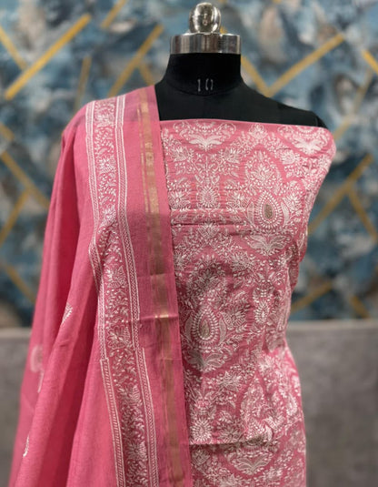 Exclusive Pink Banarasi Chanderi Silk Unstitched Salwar Kameez Suit with Embroidered Dupatta