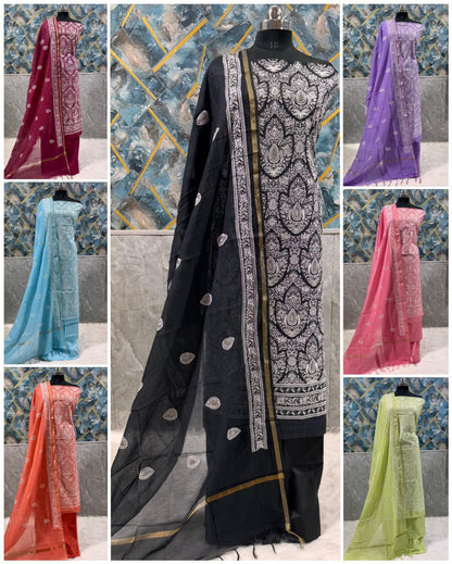 Exclusive Purple Banarasi Chanderi Silk Unstitched Salwar Kameez Suit with Embroidered Dupatta