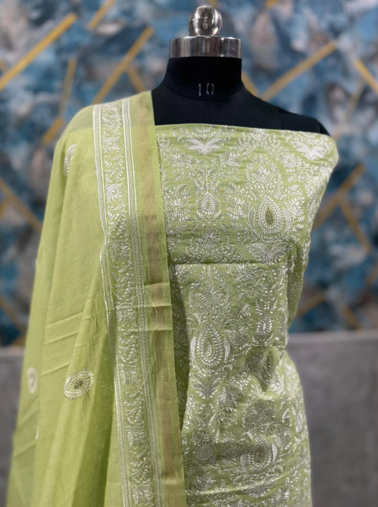 Exclusive Lime Green Banarasi Chanderi Silk Embroidered Unstitched Suit Set with Dupatta