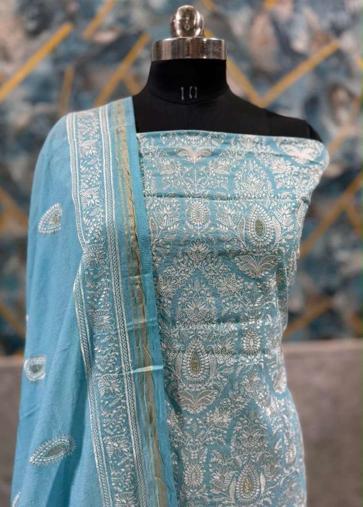 Exclusive Sky Blue Banarasi Chanderi Silk Unstitched Salwar Kameez Suit with Embroidered Dupatta