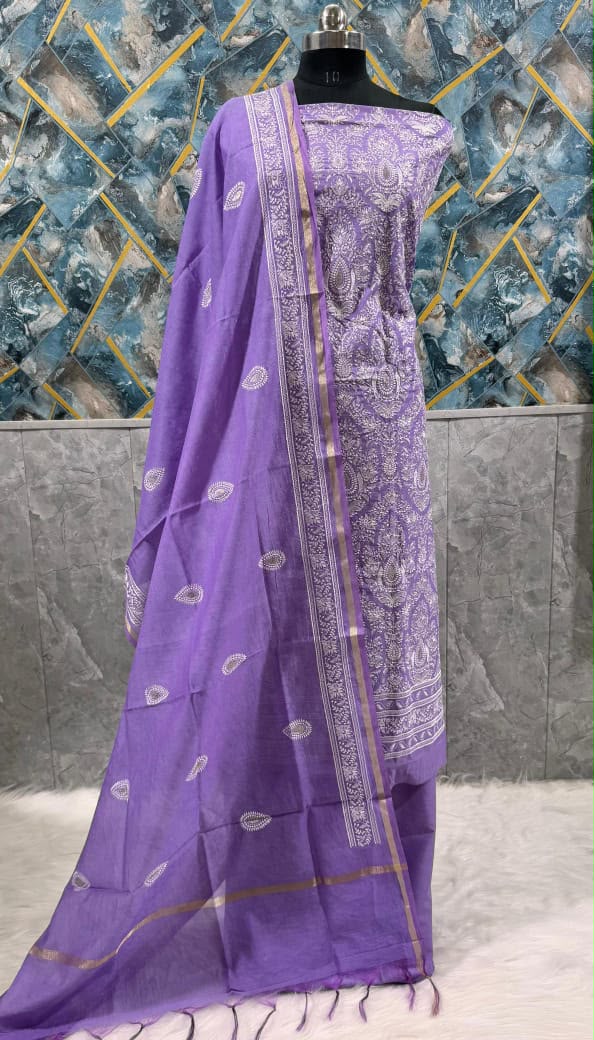 Exclusive Purple Banarasi Chanderi Silk Unstitched Salwar Kameez Suit with Embroidered Dupatta
