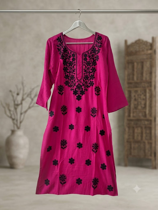 Beautiful Chikankari Embroidered Kurta' with Intricate Magenta Pink Motifs