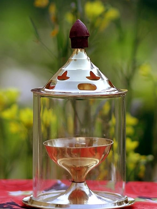 Brass and Glass Akhand Deep Diya with Cover for Puja | Deepam Jyot Diya Oil Lamp