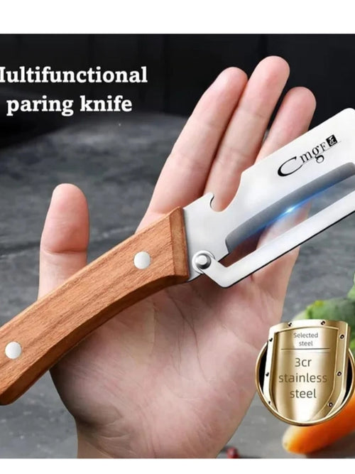 Multi-Functional Vegetable Peeler,2.5mm Stainless Steel Peeler Knife with Ergonomic wooden Handle & Bottle Opener,2 in 1 kitchen Tool for Fruit Apple,Potatoes, Sugar Cane (Silver/Burlywood)