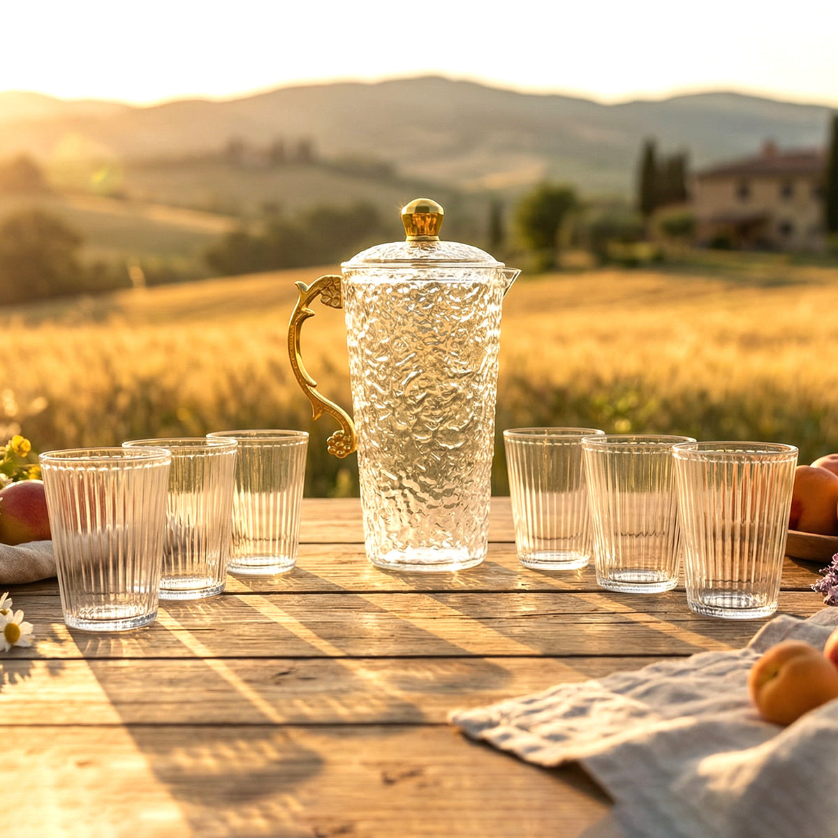 Elegant Textured Glass Water Jug With 6 Glasses Set (1 Set)