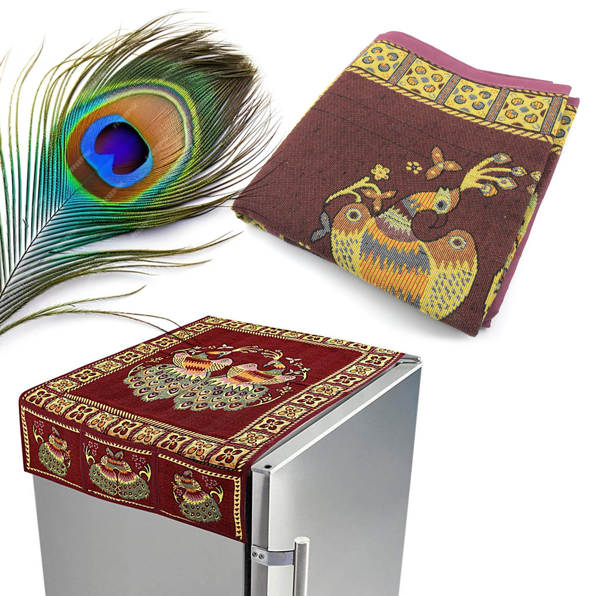 8889 Cotton Fridge Top Cover Set - Standard Appliance Covers Fridge Dustproof Cover With Peacock Deign 6 Utility Side Pockets Fridge Cover For All Types Fridge Refrigerator Use (100x60cm)